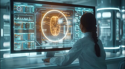 Poster - A person viewing a hologram computer monitor at a desk confused in a futuristic office.