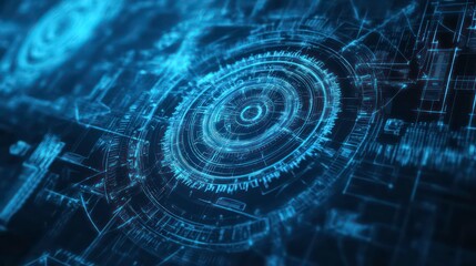 Aufkleber - A futuristic digital blueprint showcasing intricate circular designs and technical elements.