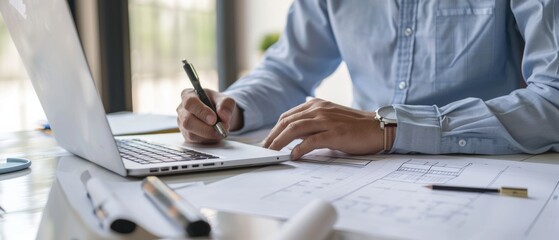 Wall Mural - a focused man writes notes on paper while working on a laptop, suggesting concentration and producti