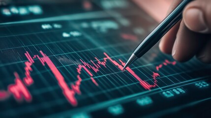 Aufkleber - A close-up of a hand analyzing stock market data on a digital screen with red fluctuations.