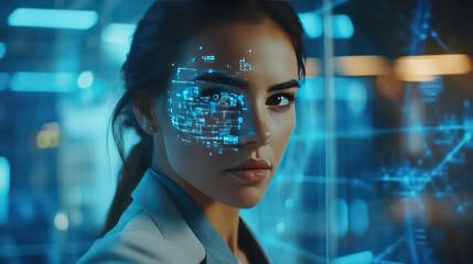 Fototapete - A woman with digital data projected on her face, symbolizing technology and innovation.