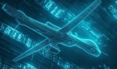 Wireframe drone in a digital world.