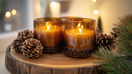 Aufkleber - Cozy candle display featuring amber glass candles and pinecones evoking a serene and inviting ambiance