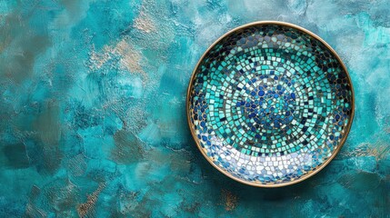Poster - Intricate Mosaic Plate Showcased Against a Textured Turquoise Backdrop