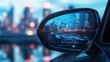 © thenort - A car side mirror reflecting a vibrant city skyline at dusk.