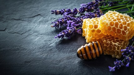 Honeycomb paired with lavender flowers on a dark background creating a delightful culinary presentation