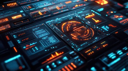 Fototapete - A futuristic interface displaying data analytics and visualizations in a digital environment.