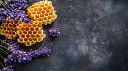 Honeycomb paired with lavender flowers on a dark background creating a delightful culinary presentation