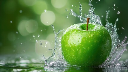 Water splashing on a fresh green apple set against a vibrant green backdrop