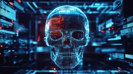 Fototapete - A digital skull rendered in a futuristic, abstract environment with glowing elements.