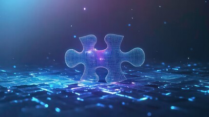 Aufkleber - A translucent puzzle piece in a digital landscape, symbolizing connection and problem-solving.