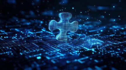 Fototapete - A glowing puzzle piece on a digital grid, symbolizing connection and problem-solving.