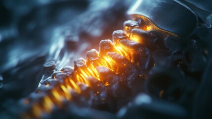 Poster - A close-up view reveals a metallic structure filled with glowing orange elements, set against a dark background.