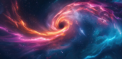 Poster - A swirling vortex of space-time, with colorful light trails stretching into infinity. The black hole recedes into the background.