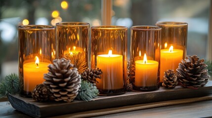 Aufkleber - Cozy candle display featuring amber glass candles and pinecones evoking a serene and inviting ambiance