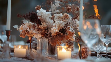 Aufkleber - Sophisticated table arrangement featuring dried flowers and gentle candlelight ideal for weddings or memorable events