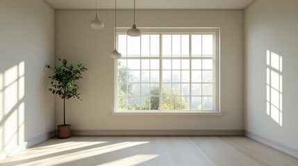 Aufkleber - Spacious window in a modern room featuring soft lighting minimalist decor and ample empty space Ideal for residential real estate presentations