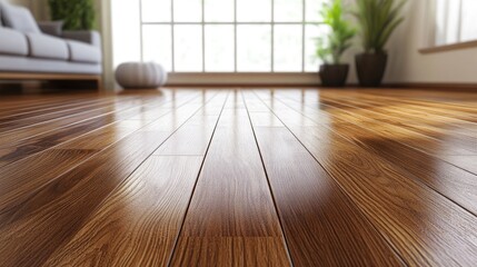 Aufkleber - Home interior design concept featuring wooden laminate flooring The image showcases shiny polished wood floorboards captured from a low angle