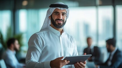 Poster - A man dressed in traditional clothing stands confidently in a sleek office environment, holding a tablet while colleagues engage in discussions around him, reflecting a productive work atmosphere.
