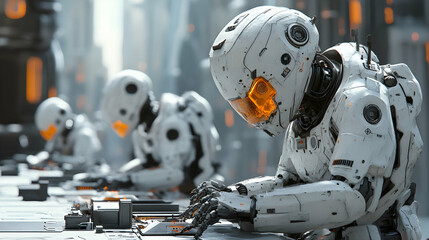 Wall Mural - A Futuristic Scene of a Group of White Robots Working on a Futuristic Console, Dressed in White Armor with Orange Visors