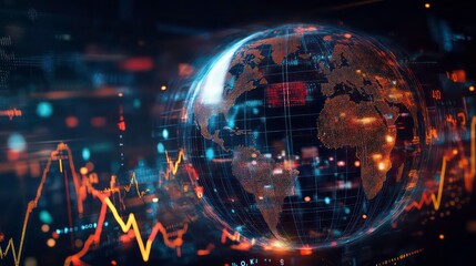 Aufkleber - A digital representation of a globe with data visualizations and financial charts.