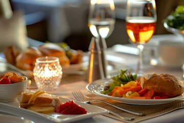 Romantic dinner for two is set on a white tablecloth with lit candles and wine glasses