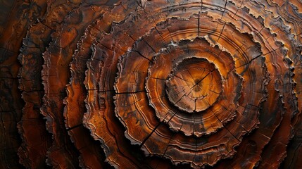 Closeup of concentric rings in a tree trunk, showing the growth rings and texture of the wood.