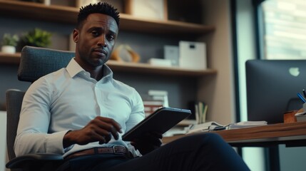 Wall Mural - A focused business professional sits at a desk in a modern office, using a tablet while dressed in a collared shirt. The workspace is filled with books and organized items, reflecting productivity.