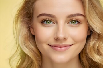 Close up portrait of a young woman with wavy golden hair, bright green eyes, and a soft smile, set against a pale yellow background for a sunny, cheerful vibe.