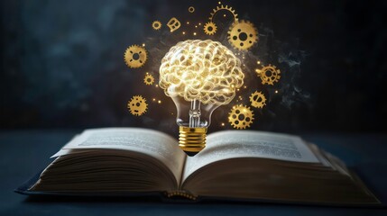 Aufkleber - An open book with a glowing brain and gears above, symbolizing knowledge and creativity.
