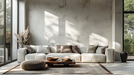 Poster - Living room with sofa and table home interior design, wall mockup, white wall.