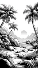 Wall Mural - A serene tropical landscape showcases palm trees and a rocky shore with the sun setting behind distant mountains, all depicted in black and white