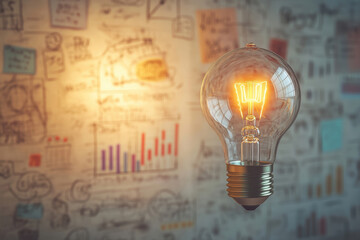 An illuminated lightbulb shines in front of a wall covered in colorful business strategy doodles and graphs, conveying the power of innovative ideas.