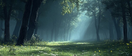 Wall Mural - Early morning light gracefully shines through the trees in a peaceful forest clearing, illuminating vibrant grass and creating a serene atmosphere