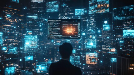 Fototapete - A figure stands in front of a digital cityscape filled with screens and data visualizations.