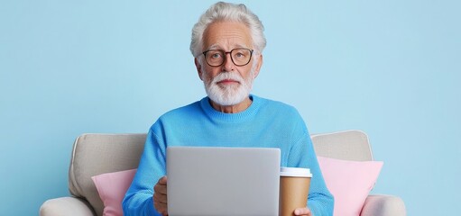 Mature man reading morning news, sitting on couch, drinking hot tea, using laptop, copying.