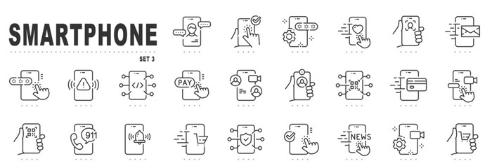 Wall Mural - set of smartphone related line icons. device, message, phone, call, app, screen etc. editable stroke