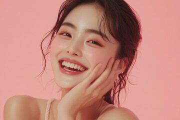 Skincare commercial featuring a beautiful Korean woman smiling with her hands on her face, against a pink background.