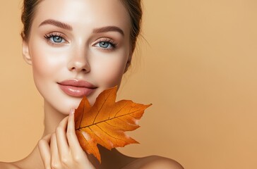 Beautiful woman with flawless skin holding an autumn leaf near her face, looking at the camera against a beige background. Skincare and beauty concept