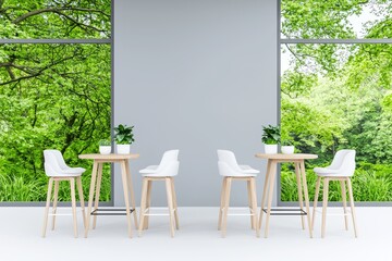 Poster - Interior rendering of an office with wooden desks and large windows.