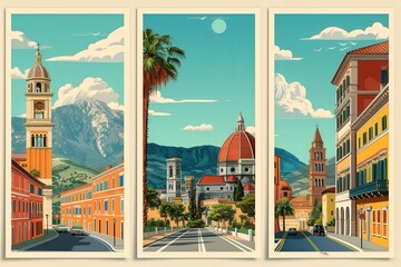 Three paintings of a city with a clock tower, a church, and palm trees