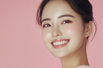 Skincare commercial photo of a happy Korean girl with a pink background