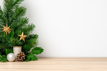 Wall Mural - A blank Christmas table background for a product display montage with a decorated fir tree and holiday decorations out of focus