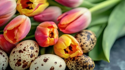 Vibrant spring tulips paired with quail eggs in a close up view Ideal for Easter themes