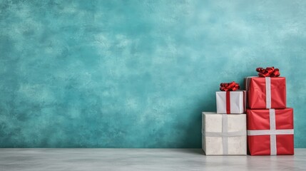 Wall Mural - Gift Boxes with Red and Silver Ribbon on Turquoise Background