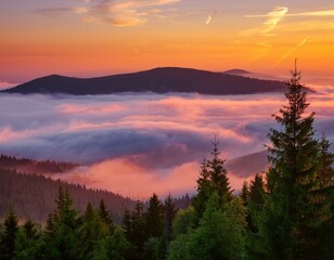 Evening landscape - silhouettes of fir trees on the background of bright sky and mountains