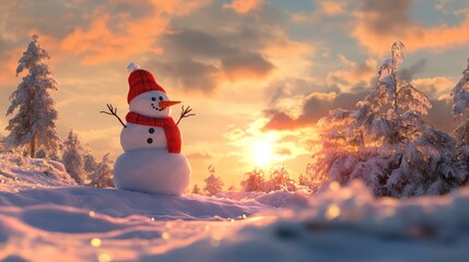 Celebrate the joyful winter holidays with a cheerful snowman set against a stunning winter sunset perfect for capturing the spirit of the season