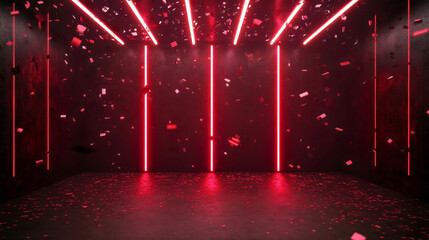 Neon red room with confetti glowing illumination on a dark background creates a bright, festive ambiance, filling the space with sparkling light effects and futuristic luxury modern party celebration