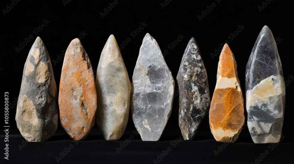 Bifacial pebbles from the Paleolithic era Carved quartzite stones in ...