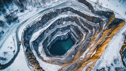 Aerial Perspective of a Vast Open Pit Mining Site in Winter